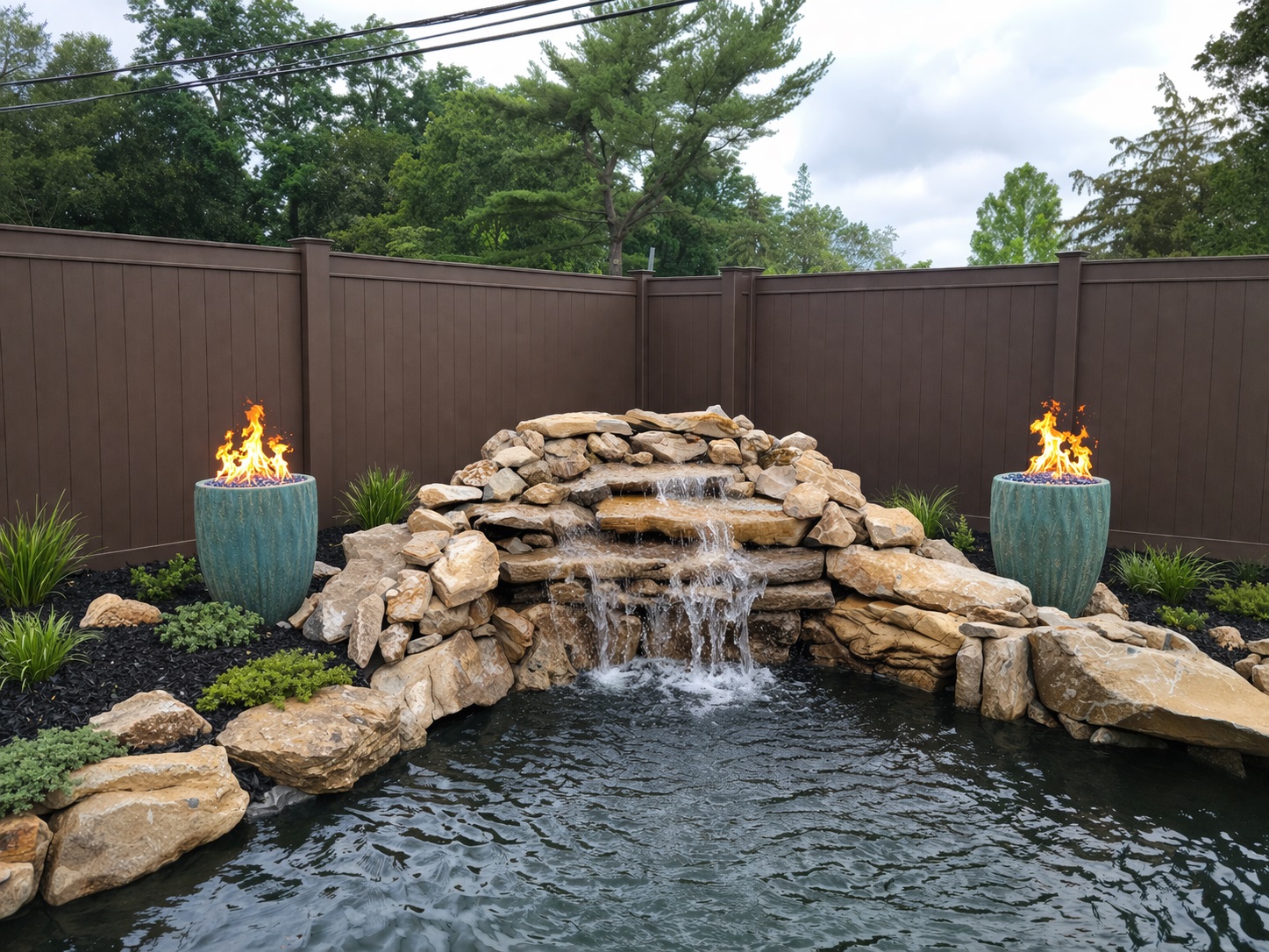 Luxury pond installation Long Island custom water feature natural stone waterfall high end backyard design